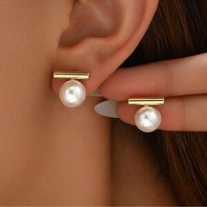 14k Gold plated and Pearl Bar Post Earrings new